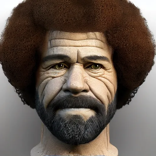 Prompt: Mugshot of Bob Ross with a sinister look on his face, ultra realistic, realistic, highly detailed, epic, HD quality, 8k resolution, body and headshot, film still, front facing, front view, headshot and bodyshot, detailed face, very detailed face