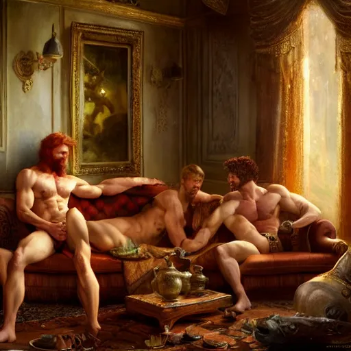 Prompt: attractive muscular mike with ginger hair with muscular attractive tyler with brunet hair, drinking their hearts out, in their noble mansion. very defined and highly detailed painting by gaston bussiere, craig mullins 8 k