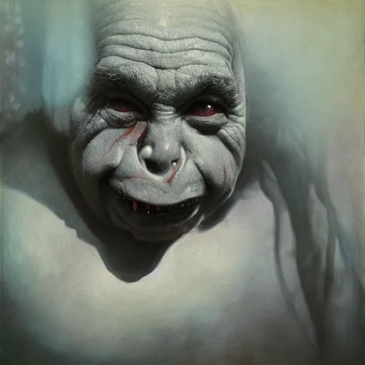 Prompt: a painting of a goblin orc taken by sally mann, portrait, foggy, hazy, dull colors, detailed, bleak,