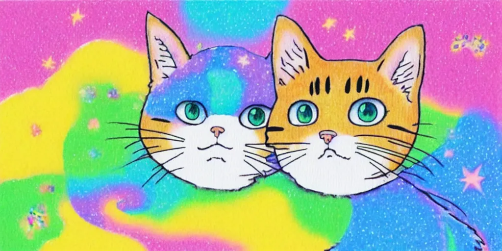 Image similar to a cat speaking, puffy sticker, glitter sticker by studio ghibli, by lisa frank 8 k pastel colours, isometric, smeared watercolours,