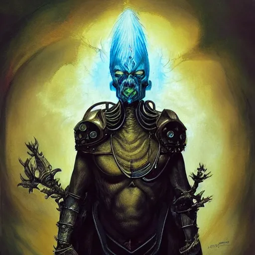 Image similar to ( ( ( head and shoulders portrait of a gaunt noseless yellow skinned bald githyanki warrior in a breastplate, floating in the astral plane ) ) ), dave mckean, hr giger, peter mohrbacher, d & d, fantasy, medieval