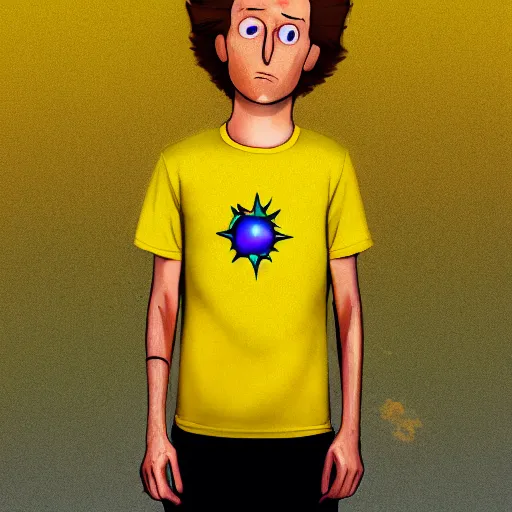 Image similar to portrait of real life morty smith wearing yellow t - shirt. photo realism. dramatic lighting. alien planet background. 4 k