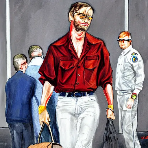 Prompt: jeffrey dahmer using gucci inmate clothes in catwalk court, oil painting, ultradetailed, digital painting, ultradetailed