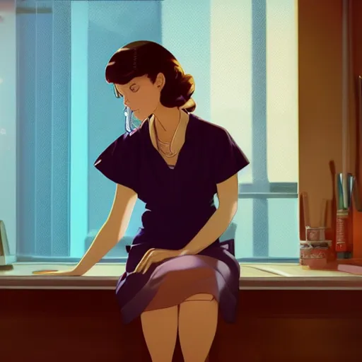 Image similar to portrait of a beautiful girl with dark hair that's styled in a 1940's fashion, dressed in a white t-shirt, sitting in an apartment kitchen alone by window that overlooks futuristic city, nighttime, low-key neon lighting, 4k, HQ, official media, anime key visual, makoto shinkai, ilya kuvshinov, lois van baarle, rossdraws, detailed, trending on artstation