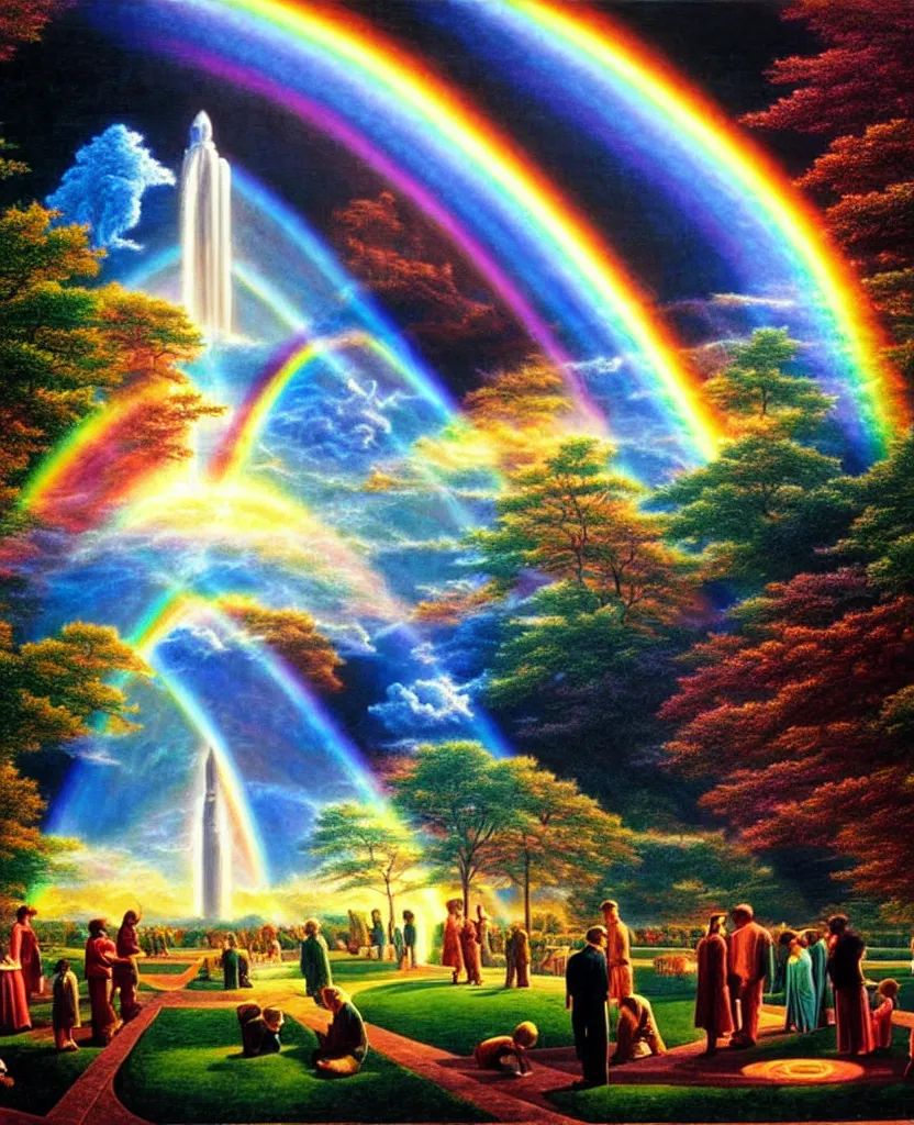 Image similar to a beautiful future for humanity, spiritual evolution, science, divinity, utopian, heaven on earth, gardens, gazebos of light, rainbows, by david a. hardy, wpa, public works mural, socialist