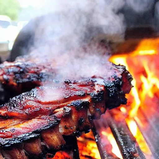 Prompt: spareribs as big as buildings grilled over a volcano