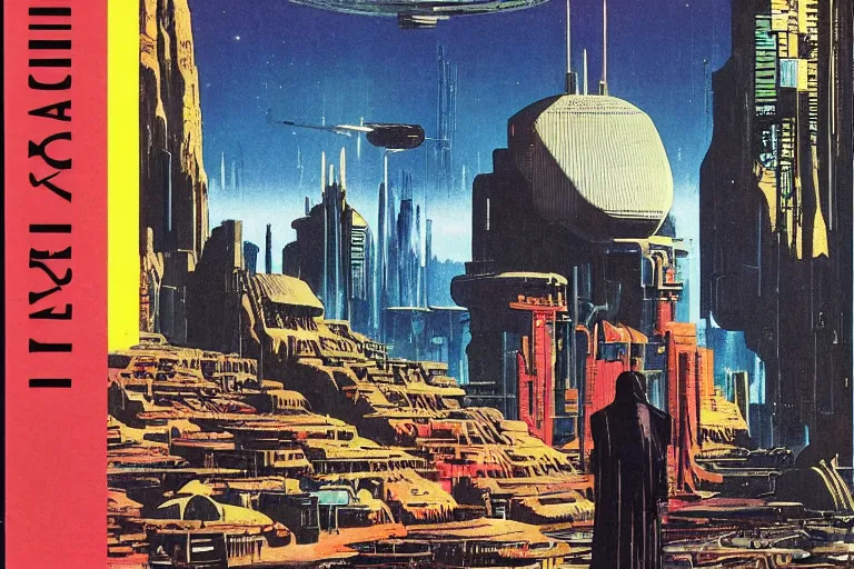 Image similar to 1979 OMNI Magazine Cover depicting a monestary. Cyberpunk Akira style by Vincent Di Fate