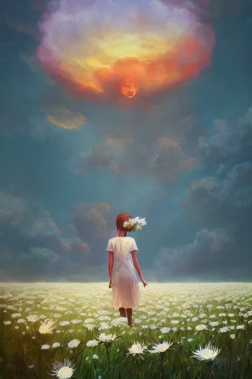 Image similar to veil of giant white daisy flower as head, girl dancing in a flower field, surreal photography, sunrise, dramatic light, impressionist painting, colorful clouds, digital painting, artstation, simon stalenhag