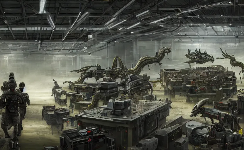 Image similar to epic scenic shot, highly detailed weapons laboratory, clean and organized, quantum technology, ran by a goan supercomputer, bright lights, warehouse, with giant sharp mechanical dragon parts in the middle, with a couple anthropomorphic wolf researchers in military uniforms, carrying guns, tables, parts, gun scraps, windows, epic lighting, sci fi, Extremely detailed digital art, furry art, furaffinity, DeviantArt, HD artstation