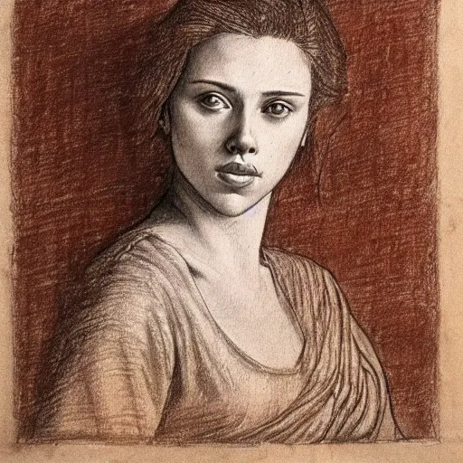 Prompt: a finished, detailed portrait drawing with reddish brown ink on parchment of a very young scarlett johansson, by leonardo davinci in davinci's style from one of his notebooks