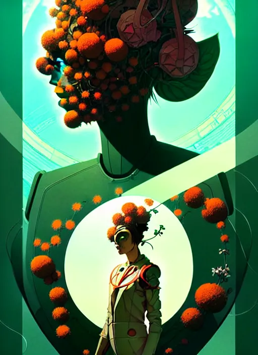 Prompt: illustrated by satoshi kon and greg rutkowski, a cyborg in some plants with flowers and berries for a face, 7 0's vintage sci - fi flat surreal design