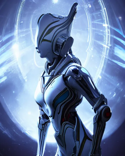 Image similar to photo of a beautiful girl on a mothership, android, warframe armor, pretty face, scifi, futuristic, galaxy, raytracing, dreamy, perfect, aura of light, pure, white hair, blue cyborg eyes, glow, insanely detailed, artstation, innocent look, art by gauthier leblanc, kazuya takahashi, huifeng huang