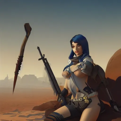 Prompt: very detailed masterpiece painting of ashe from overwatch in a desert, portrait, artstation, concept art by greg rutkowski