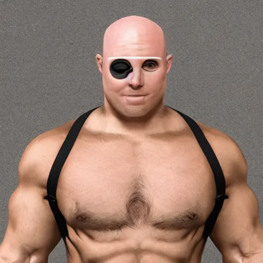 Image similar to muscular wrestler, bald, eyepatch, blue mask covering mouth, realistic,