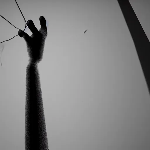 Image similar to shadow of a puppet being held up with strings and the puppeteers hand, depth field, unreal engine, 4k concept art and hyper realism