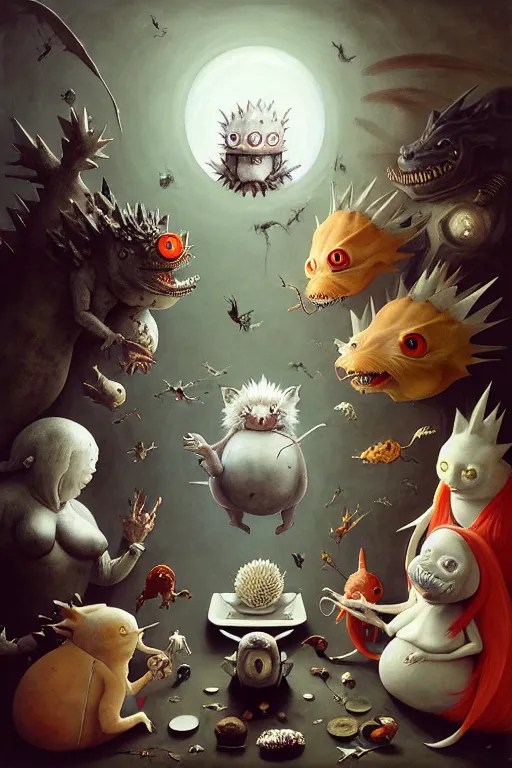 Image similar to hieronymus bosch, greg rutkowski, anna podedworna, painting of two white haired catgirls, a small fat blue godzilla, a pickle in a suit and tie, a cybernetic fox woman, a woman with one eye, a small hedgehog, a man with a shrimp for a head, all laughing at a vampire clown with red hair