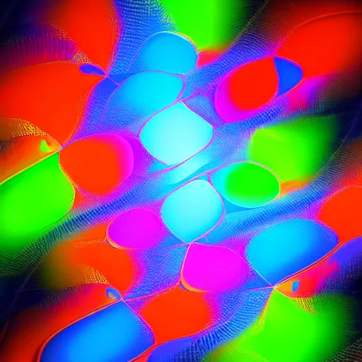 Image similar to highly reflective fractal shape. neon colours. fog