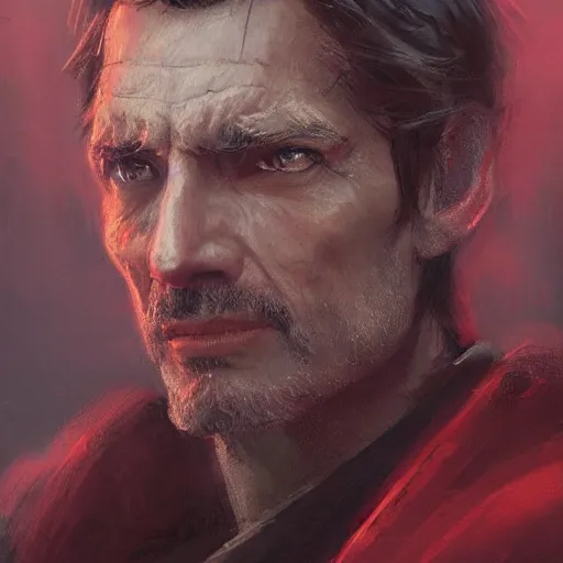 Image similar to portrait of a man by greg rutkowski, jedi emperor roan fel, short black hair, star wars expanded universe, he is about 5 0 years old, elegant, prideful, wearing red jedi armor, highly detailed portrait, digital painting, artstation, concept art, smooth, sharp foccus ilustration, artstation hq