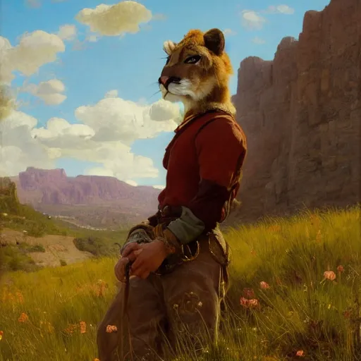 Prompt: wild west portrait of furry anthro anthropomorphic mountain lion head animal person fursona wearing clothes in the valley, sunny day, digital art by Nerdrum John, William Waterhouse, Winslow Homer, Alex Heywood, Jordan Grimmer, Darren Quach, Greg Rutkowski, Simon Stalenhag, trending on Artstation, CGSociety