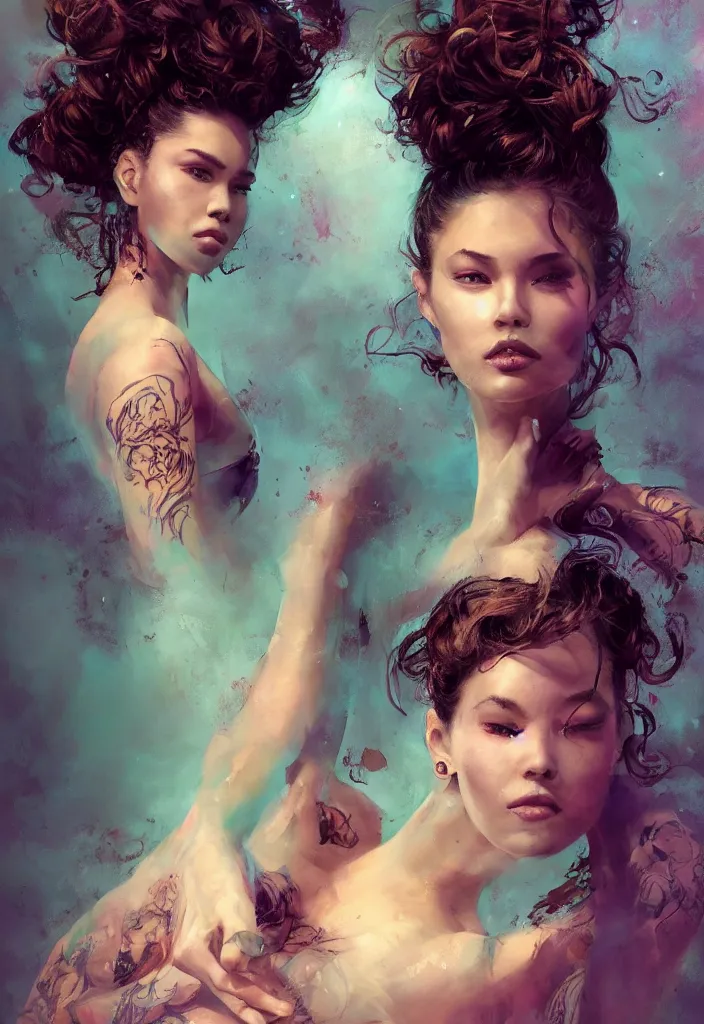 Prompt: full body portrait of a duo of 1 9 years old girl figures, curly messy high bun hairstyle, oriental tattoos, jewelry, subject wearing a high fashion gown, flowing, beautiful, dramatic, cinematic lighting, highly detailed, few vivid turquoise highlights, by ross tran and jeremy mann, artstation, pixiv, oil on canvas