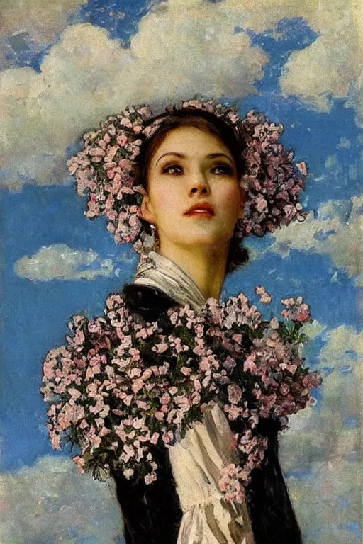 Image similar to close - up fashion black skin woman portrait airy flowers cloudy sky art by vasnetsov