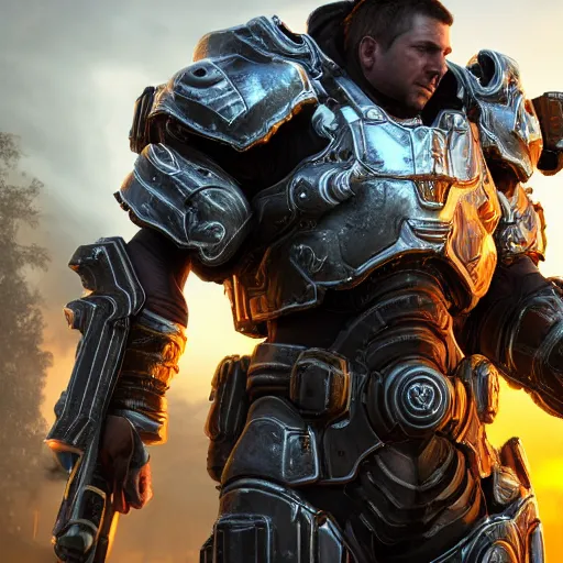 Image similar to holy paladin in gears of war, splash art, movie still, detailed face, photorealistic facial features, cinematic lighting, dramatic, octane render, long lens, shallow depth of field, bokeh, anamorphic lens flare, 8 k, hyper detailed, 3 5 mm film grain