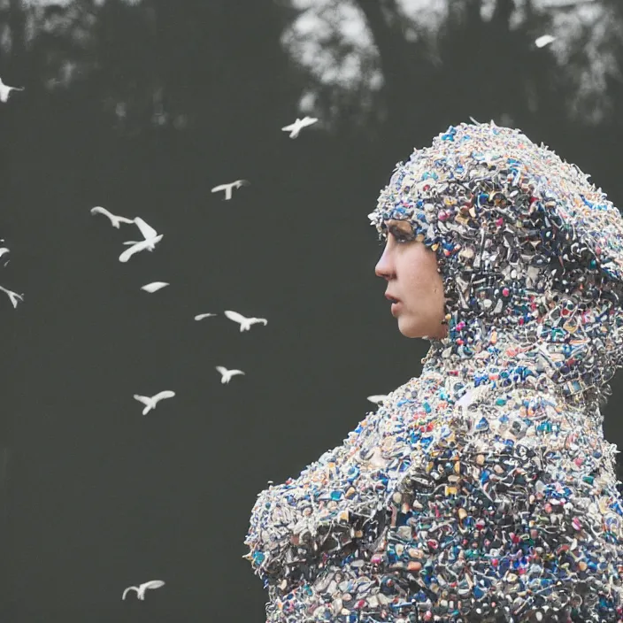 Prompt: a closeup portrait of a woman wearing a hood made of birds, in an abandoned theme park, by helen warner, canon eos c 3 0 0, ƒ 1. 8, 3 5 mm, 8 k, medium - format print