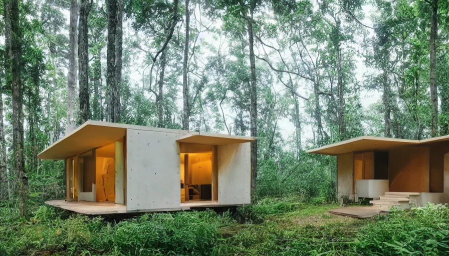 Image similar to A wide image of a full innovative contemporary 3D printed prefab sea ranch style cabin with rounded corners and angles, beveled edges, made of cement and concrete, organic architecture, in a lush green forest Designed by Gucci and Wes Anderson, golden hour