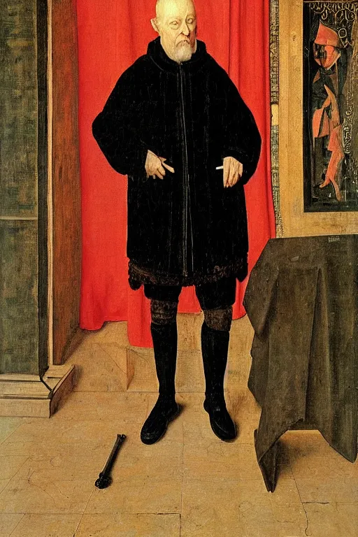 Prompt: 1 4 0 0 s renaissance full body portrait of an old manservant old servitor with black coat, painting by jan van eyck, northern renaissance art, oil on canvas, wet - on - wet technique, realistic, expressive emotions, intricate textures, illusionistic detail