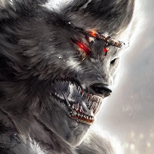 Image similar to portrait painting of a cybernetic werewolf warrior with white fur and silver fangs wearing black power armor, ultra realistic, concept art, intricate details, eerie, highly detailed, photorealistic, octane render, 8 k, unreal engine. art by artgerm and greg rutkowski and alphonse mucha