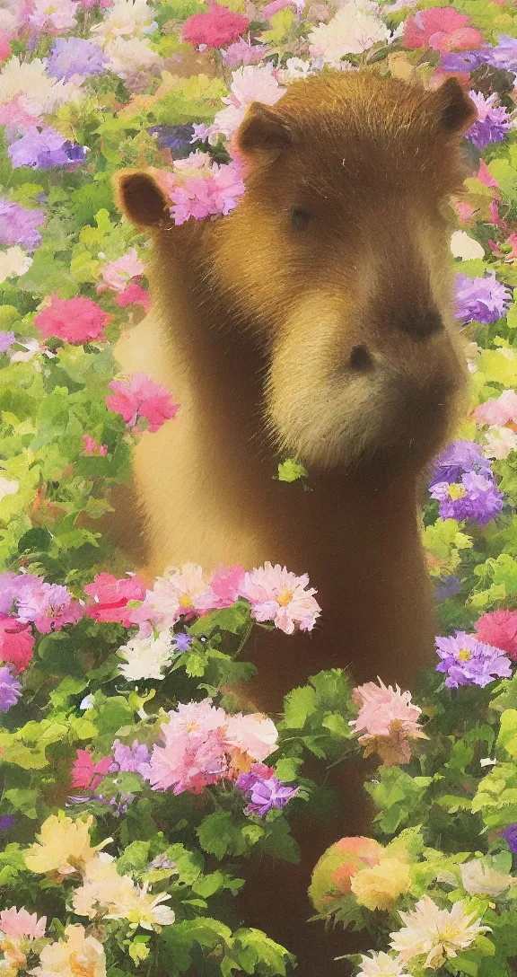 Prompt: romantic detailed portrait of a capybara surrounded by beautiful flowers, by gregory manchess, james gurney, james jean