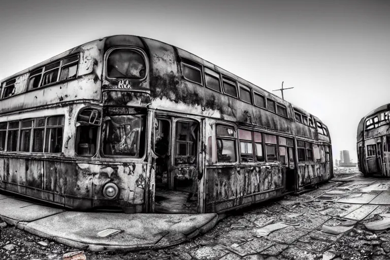 Image similar to low wide angle shot of dilapidated fallout 5 europa, european cityscapes, desolate, dilapidated neon signs, few rusted retro futuristic vintage parked vehicles like cars, buses, trucks, trams, volumetric lighting, photorealistic, fog, daytime, autumn, overcast weather, sharp focus, ultra detailed, 4 0 0 0 k