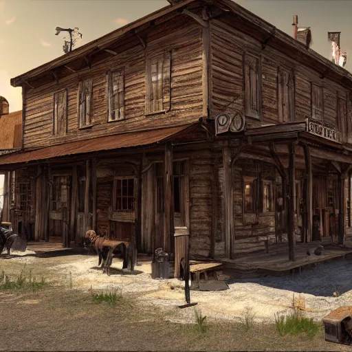 Prompt: photorealistic western town with a saloon and old western buildings, dynamic lighting, hyper realistic