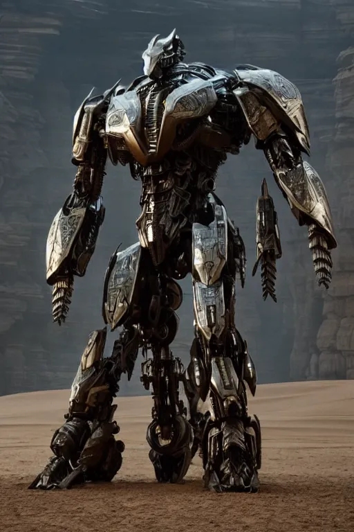 Image similar to cinematic still in westworld and dune movie and pacific rim movie and ps 5 game machine warrior 5, intricate ornate humanoid mecha warrior,