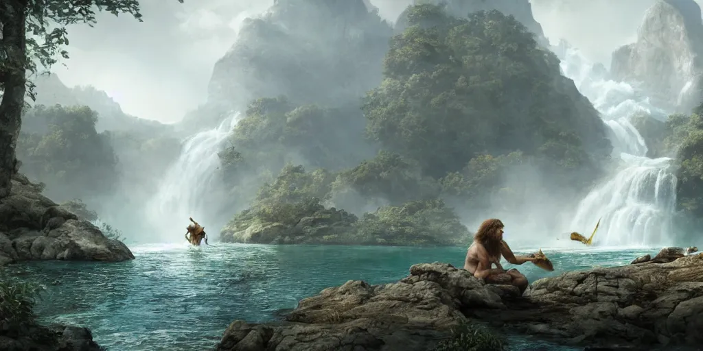 Prompt: A lone Neanderthal eating a fish in a vast prehistoric landscape with waterfalls, 8k historical concept art, intricate detail, trending on artstation