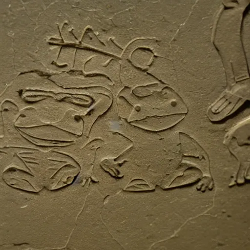 Prompt: ancient hieroglyphic relief of a group of frogs, 40mm lens, shallow depth of field, split lighting