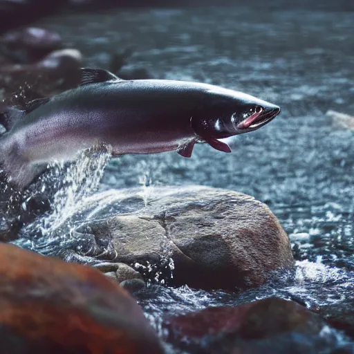 Prompt: movie still of a salmon jumping from a river, splash art, photorealistic features, cinematic lighting, dramatic, octane render, long lens, shallow depth of field, bokeh, anamorphic lens flare, hyper detailed, 3 5 mm film grain