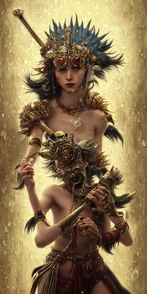 Image similar to hyper realistic Princess Mononoke attacking evil spirit with a golden sword, ornate mask, wet market street, rainy atmosphere, cyberpunk metropolis, city landscape, jewels, full body pose, full moon, style of tom bagshaw, mucha, james gurney, norman rockwell, denoised, sharp