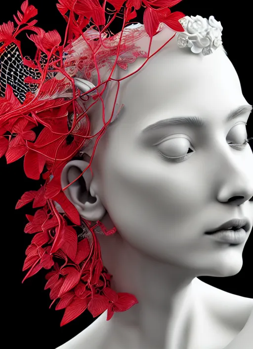 Image similar to complex 3d render ultra detailed of a beautiful porcelain profile young woman face, biomechanical cyborg, 200 mm lens, beautiful studio soft light, rim light, silver white gold red details, cubist magnolia monochromatic red big leaves and stems, roots, fine foliage lace, mesh wire, Alexander Mcqueen high fashion haute couture, art nouveau fashion embroidered, multilayered fabrics, intricate details, hyper realistic, ultra detailed, mandelbrot fractal, anatomical, facial muscles, cable wires, microchip, elegant, octane render, H.R. Giger style, black eyes, plump lips, volumetric lighting, 8k post-production, trending on Artstation