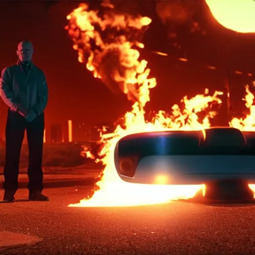 Prompt: Film still of Walter White standing on a hoverboard with several burning buildings behind him, centered, cinematic lighting, highly detailed, 8k