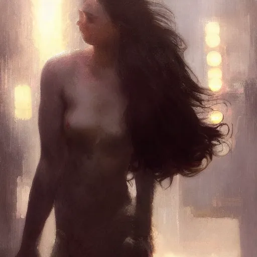 Image similar to kaitlyn dever, hyperrealistic full figure, bladerunner street alley, art of elysium by frank frazetta and by jeremy mann and by alphonse mucha, fantasy art, photo realistic, dynamic lighting, artstation, full figure poster, volumetric lighting, very detailed face, 4 k, award winning