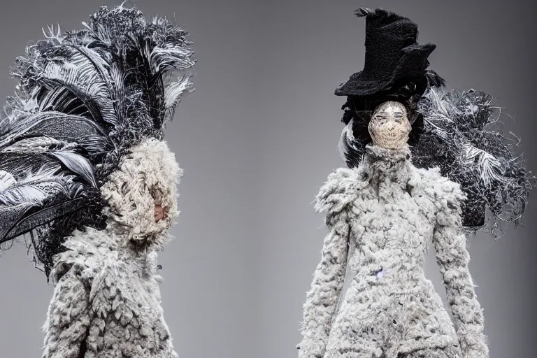 Prompt: a woman walking down a runway with a large cloudy hat on her head, a surrealist sculpture by alexander mcqueen, trending on behance, afrofuturism, made of feathers, whimsical, steampunk