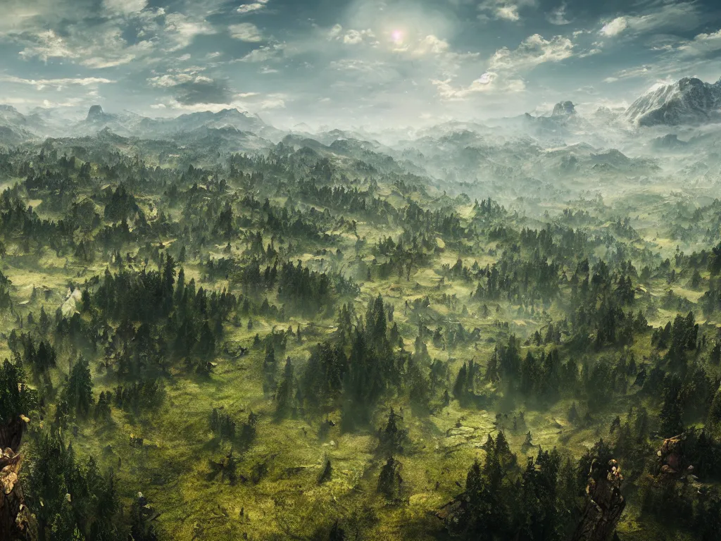 Image similar to epic view from a mountaintop, monumental mountains, green valleys with trees, digital painting, realistic render, 4k, 8k, photography, unreal engine, wallpaper, cinematic