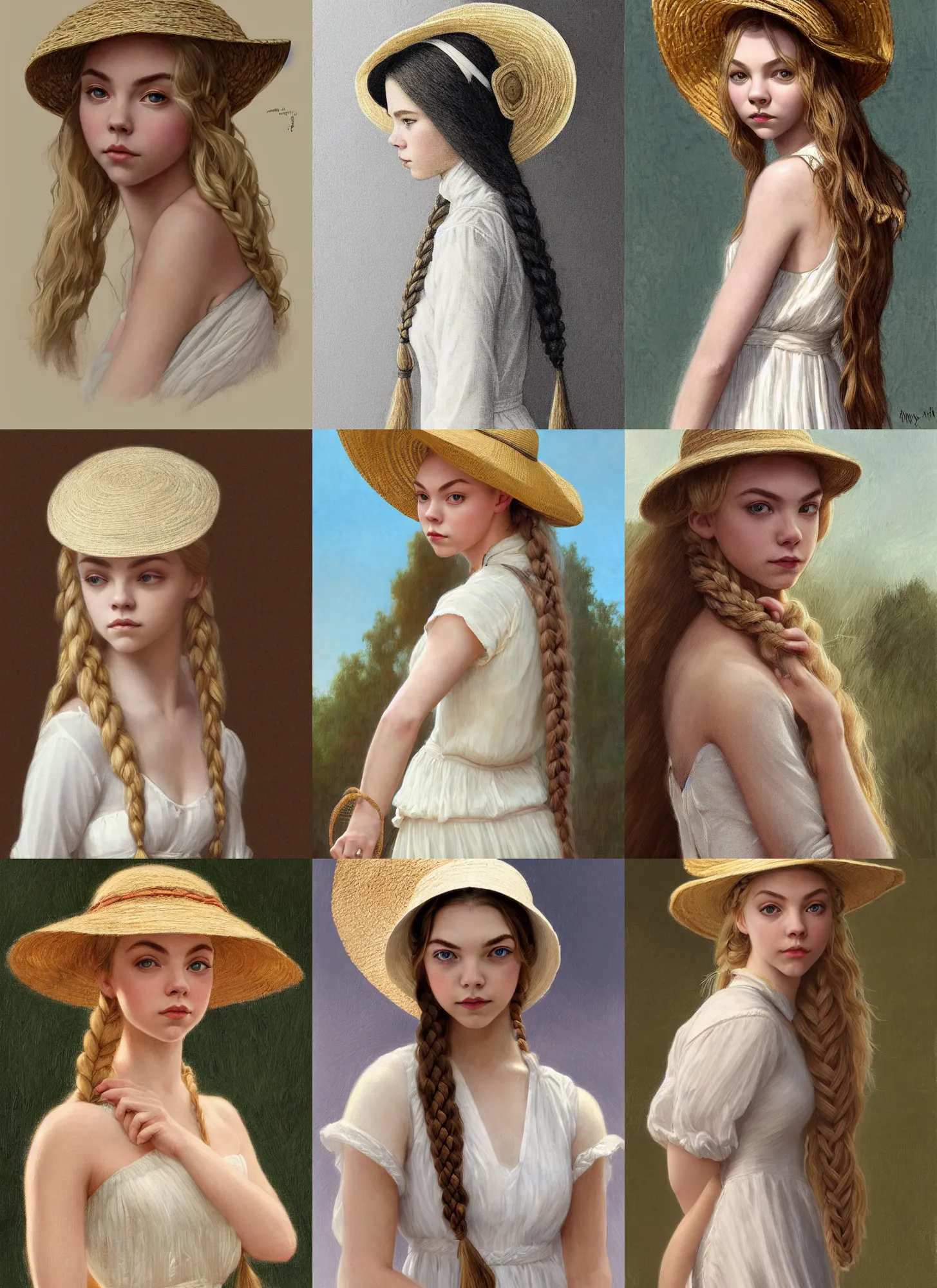 Prompt: anya taylor - joy, annasophia robb, blond, wearing straw hat, symmetrical, long braided blond hair, white dress, intricate, elegant, highly detailed, digital painting, artstation, concept art, smooth, sharp focus, illustration, bouguereau, rutkowski, mucha