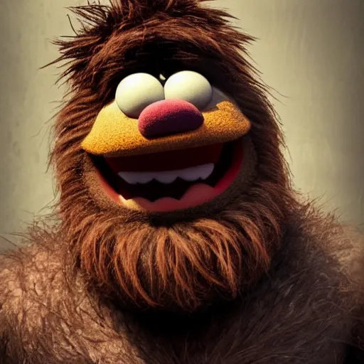 Image similar to a still of a forgotten muppet character looking very manly and modern, hilarious, laughing, hairy chest, huge chin, manly monster tough guy, roughled fur, photo real, photographic, photograph, artstation, trending, featured