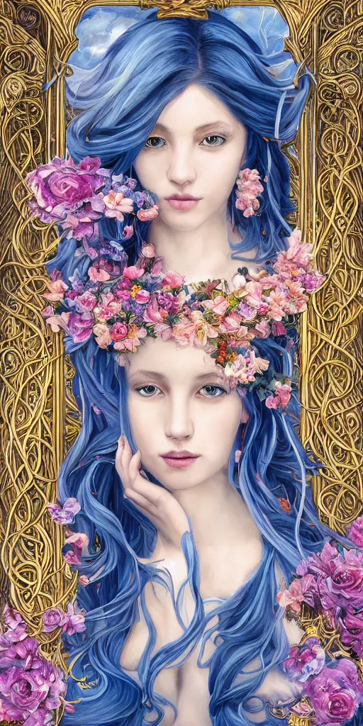 Image similar to breathtaking detailed painting by pilyeon and teffish on artstation, a full shot queen with long flowing bright blue hair, gauze dress and pastel flowers petals and golden tumultuous clouds, symmetrical facial features, at dawn in front of a pristine golden art nouveau cathedral, elegant, highly detailed, artstation, concept art, matte, sharp focus,