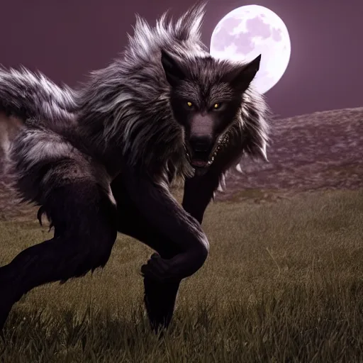 Image similar to young man transforming into a feral werewolf with a tail under the moon with black soft realistic fur, ultra detail, unreal engine, 8 k, ssao