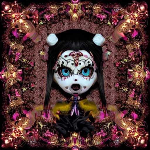Image similar to baroque bedazzled gothic royalty frames surrounding a pixelsort emo demonic horrorcore japanese yokai doll, low quality sharpened graphics, remastered chromatic aberration spiked korean bloodmoon sigil stars draincore, gothic demon hellfire hexed witchcore aesthetic, dark vhs gothic hearts, neon glyphs spiked with red maroon glitter breakcore art by guro manga artist Shintaro Kago