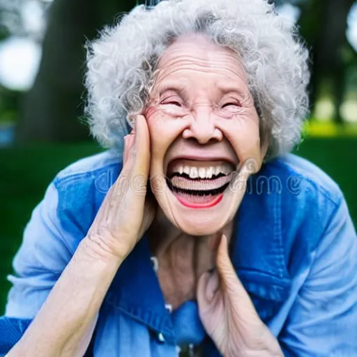 Prompt: an old woman laughing in a park with a thin translucent oxygen tubing under her nose, 4 k, stock photo