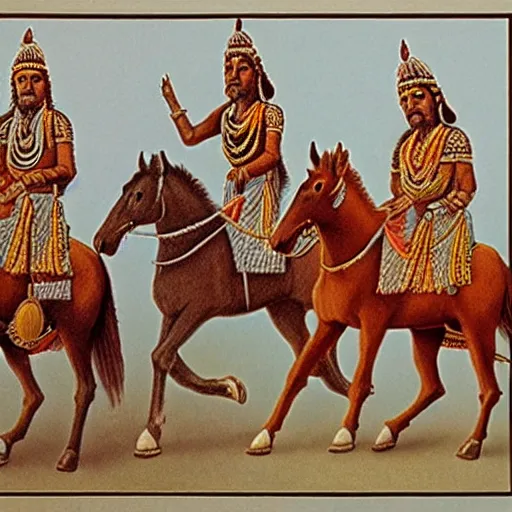 Prompt: still film of vedic aryans on their horses, 8 k, intricate